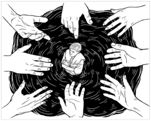 hands reaching in trying to help man in middle that is drowning in black